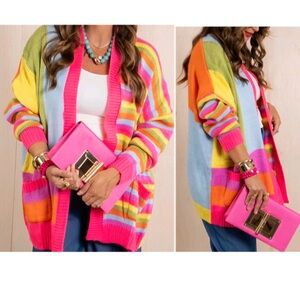 NWT Davi Dani multi-striped mix-matched knit open front cardigan with pockets